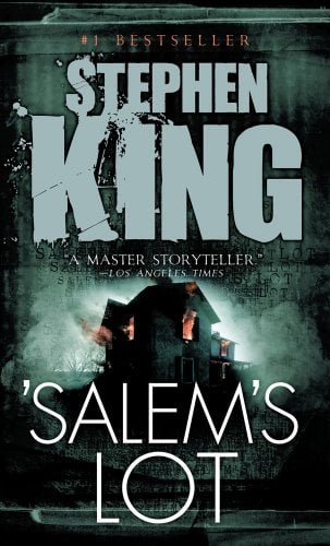 'Salem's Lot by Stephen King, book cover. Spooky, dark home in cold lighting stands alone in the dark, red smoke escaping the windows.