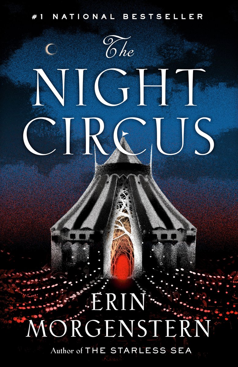 The Night Circus by Erin Morgenstern. Fantasy novel cover has a black background with silhouettes of a man, a woman, and a circus tent.