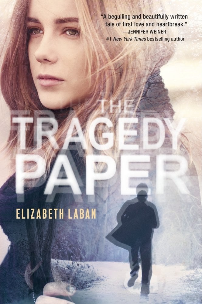 The cover The Tragedy Paper, a YA contemporary, depicts a large profile of a teen girl with long hair. In the bottom left is a blurred silhouette running in the snow.
