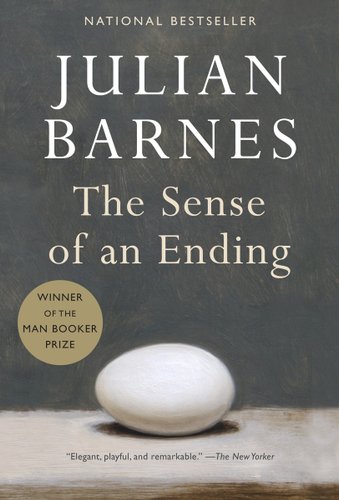 Book cover of The Sense of an Ending with a egg laying on a light brown table with a dark gray table.