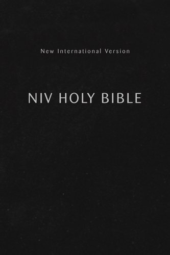 "Holy Bible" book cover of a plain black cover with white print of the title and the meaning of the abbreviation of NIV (New International Version).