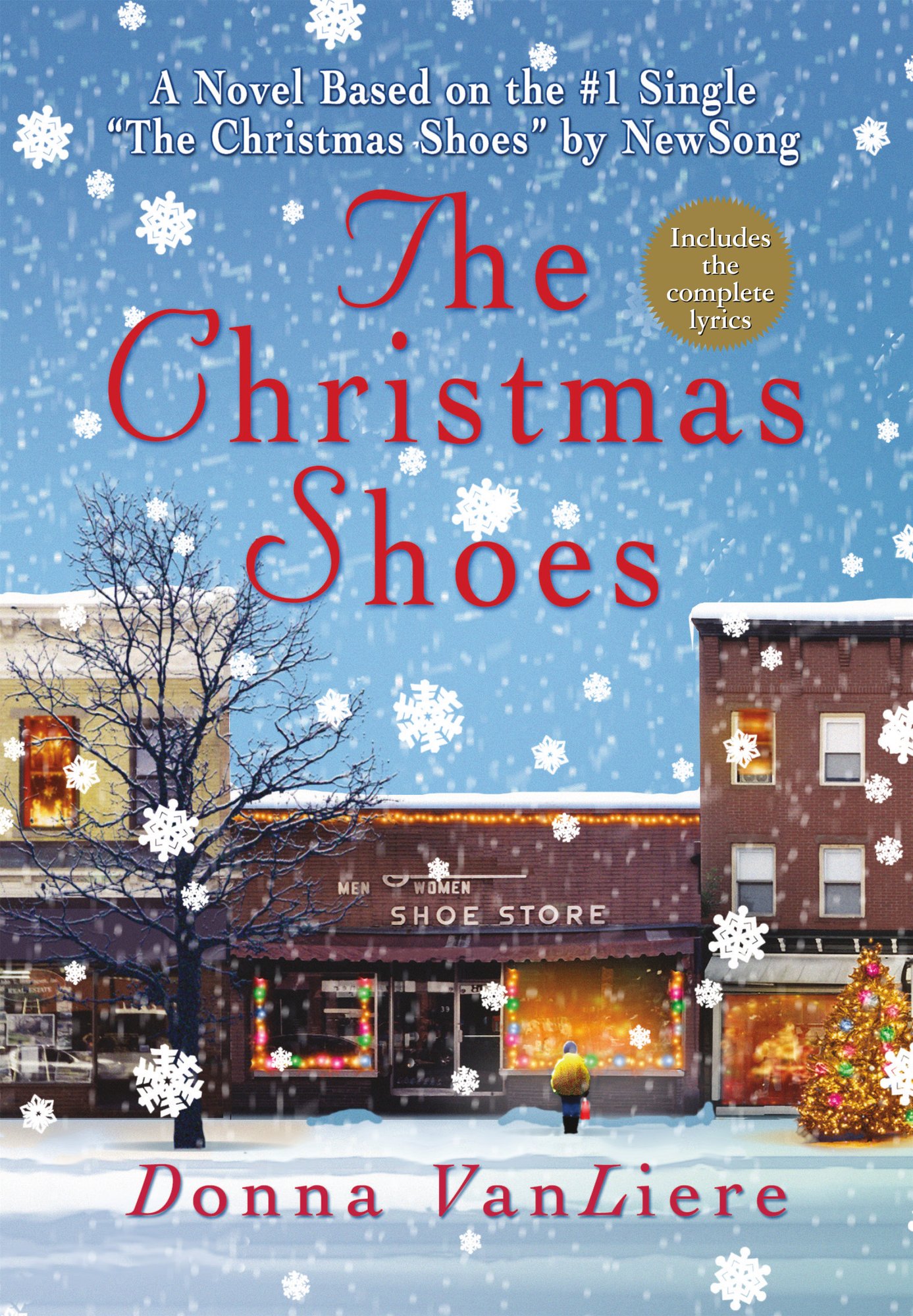 The Christmas Shoes by Donna VanLiere, a romance book cover depicting three dark brown buildings, one with a shoe store sign. The background of the cover has assorted-sized snowflakes.