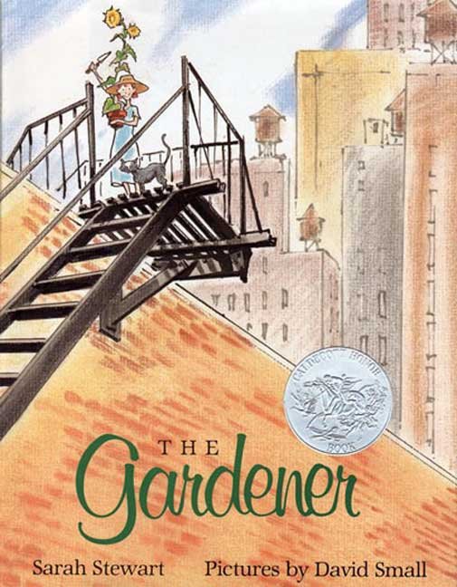 The Gardener by Sarah Stewart, book cover. With a city background, a young girl in a blue dress stands on the rooftop, holding a sunflower pot and wearing a sun hat with a black cat at her side.
