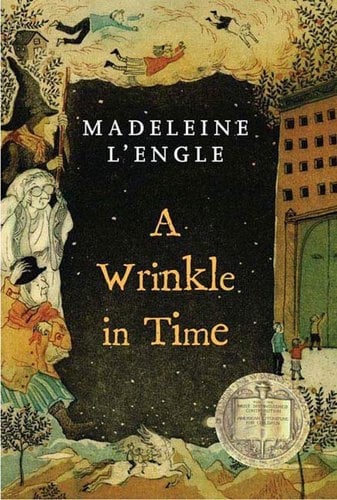 Book cover for A Wrinkle in Time by Madeline L'Engle. It contains a black middle with the title and author with whimsical drawings of old women, children, and nature surrounding it.