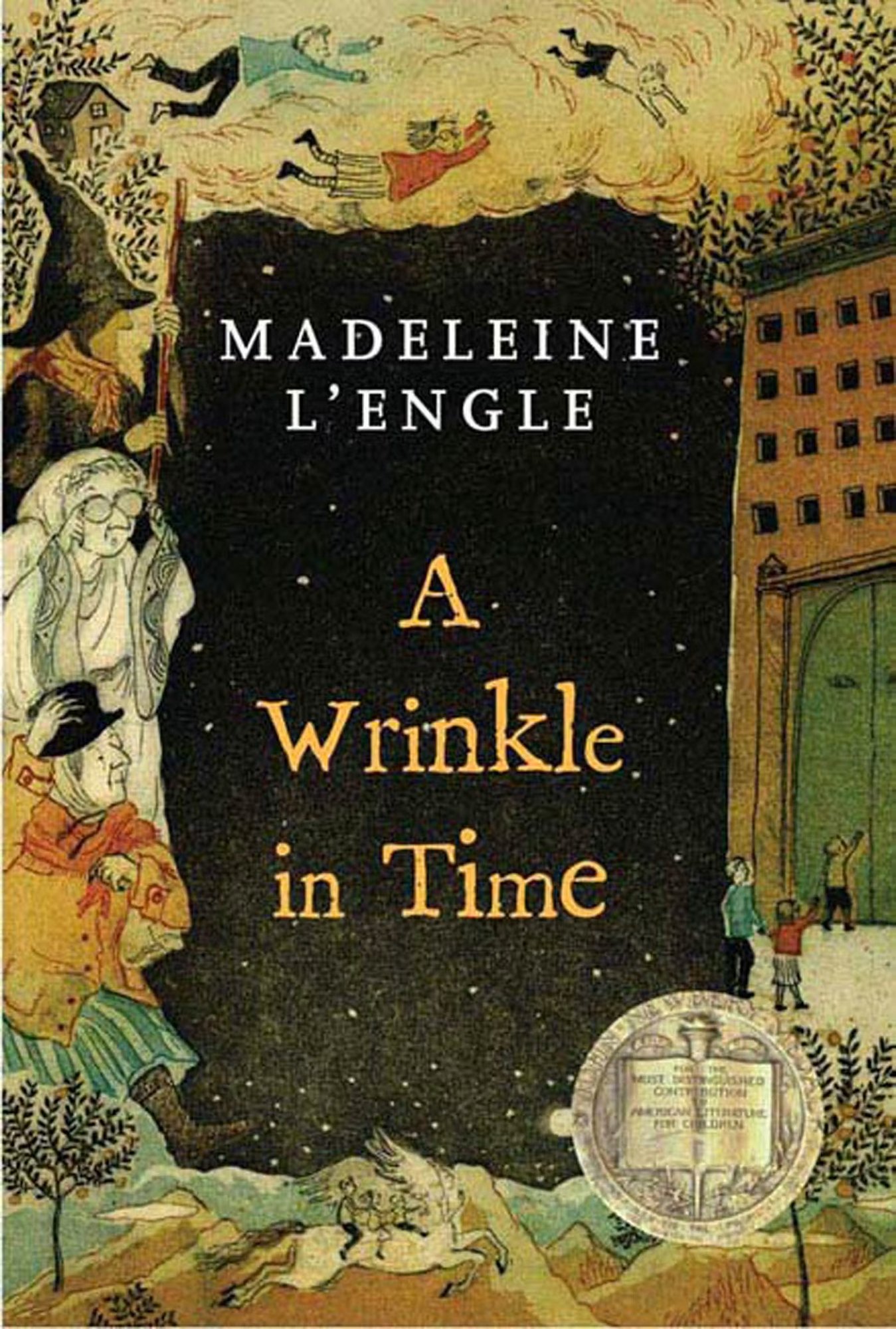 A Wrinkle in Time by Madeleine L'Engle book cover features a illustrated, dreamlike collage on a parchment-toned background with flecks of stars and shimmering gold. At the top center, a winged centaur-like creature with a human torso, lion’s body, and eagle wings soars gracefully in profile. Below, three children—one in a red cloak—walk through a forest of tall, bare trees, rendered in shadowed silhouette. An eerie, oversized face peers from the right side, surrounded by geometric patterns and mystical symbols. In the center, the title “A Wrinkle in Time” appears in elegant, white serif font, while the author’s name, “Madeleine L’Engle,” is printed at the bottom in gold.