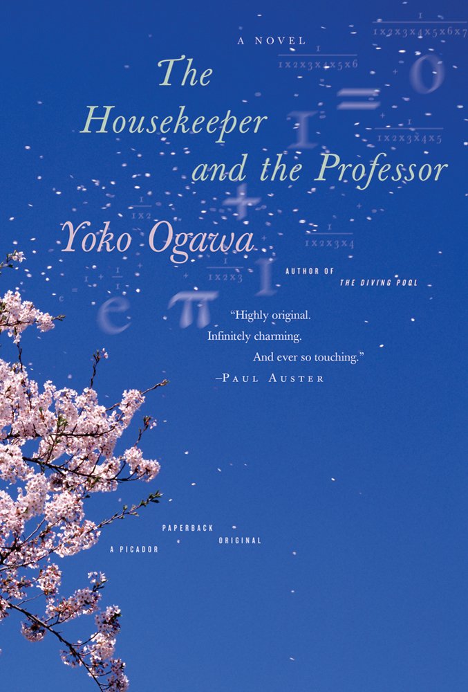 The Housekeeper and the Professor by Yoko Ogawa. A dark blue cover with a blossomed cherry blossom tree in the corner, with blooms and mathematical symbols in the background.