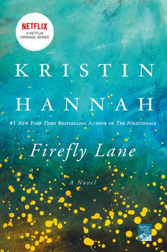 Firefly Lane by Kristin Hannah book cover. A blue ombre swirl background with yellow dots floating up from the bottom.