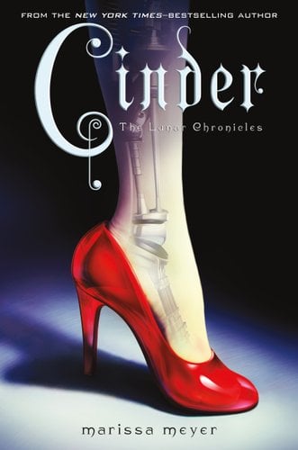Cinder book cover: a transparent lower leg with metal parts inside with a red heel