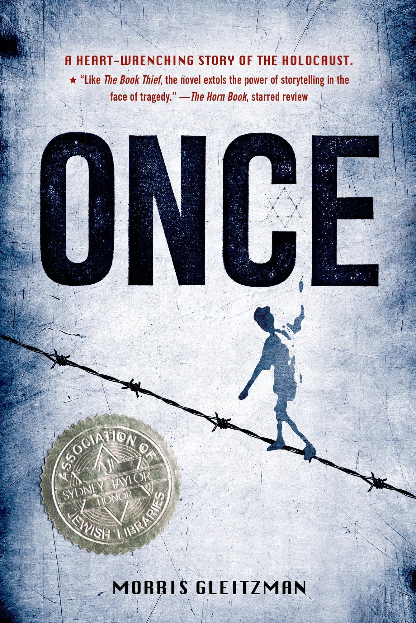 Once by Morris Gleitzman historical fiction book cover depicting a snowy setting with a piece of barbed wire across the center, and a boy walking across it.