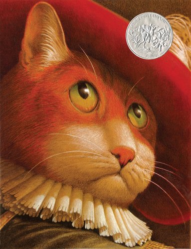 Puss in Boots by Charles Perrault book cover. The cover features an extremely detailed orange cat with a red hat and a ruffled neckpiece.