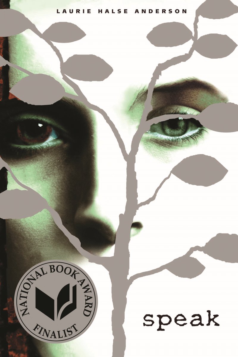 A young girl's face sits behind a skinny tree with leaves in gray. The title sits at the bottom in lowercase letters. The author's name sits at the top in small, black letters.