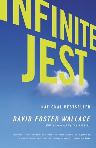 background is a blue sky with only one small cloud in the middle of the cover. On the top in bright blue is the title "Infinite Jest" and underneath "National Bestseller" and the author's name "David Foster Wallace"