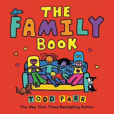 The cover has a red background with a multicolor family sitting on the couch with their pets and hearts around them.