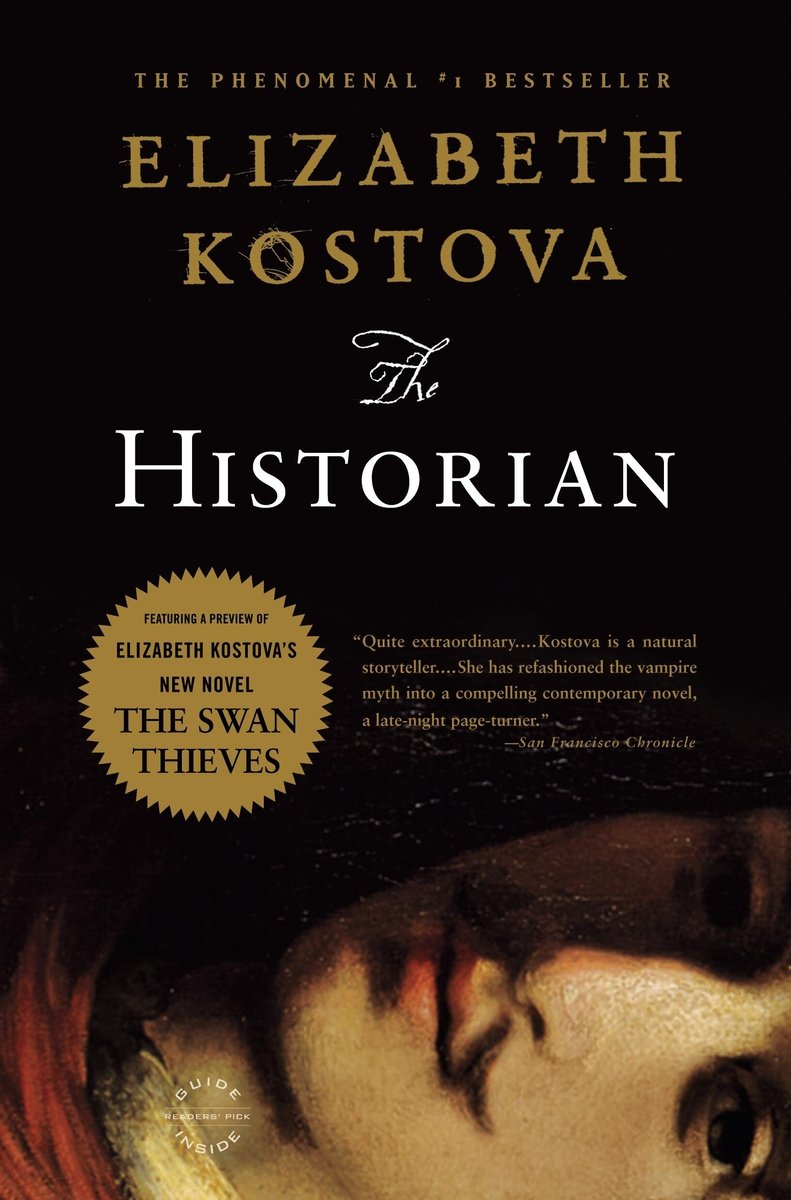 The Historian by Elizabeth Kostova, a historical fiction book, cover depicting the face of a man with a moustache, printed sideways and placed on the bottom half of the cover on a black background.