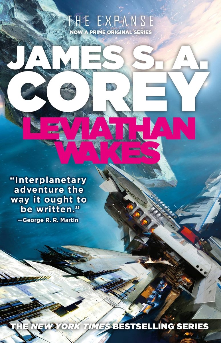 Leviathan Wakes in pink letters in front of Sci-Fi depictions of spaceships. This is an image of the book cover
