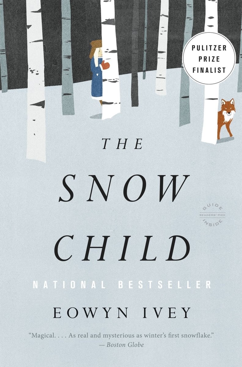 The Snow Child by Eowyn Ivey, a literary fantasy book cover depicting a child wearing a blue coat standing behind thin white trees. On the right side of the cover is a red fox standing behind some trees. The title is printed in a thin black font.