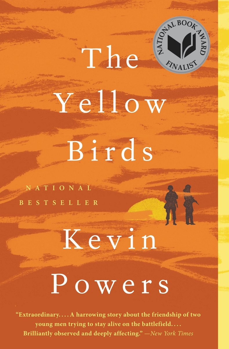 The Yellow Birds, a novel by Kevin Powers. The cover is orange and two small, black figures on the right side.
