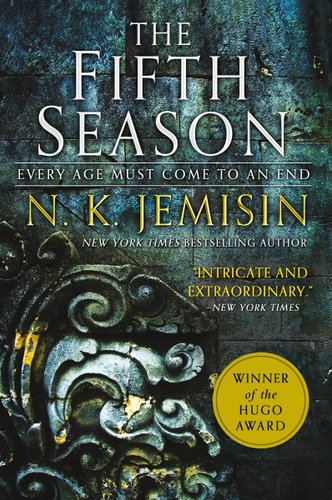 The Fifth Season by N K Jemisin book cover. Dark cave theme in black, darker blue and green, and light hints of gold. Every age must come to an end.