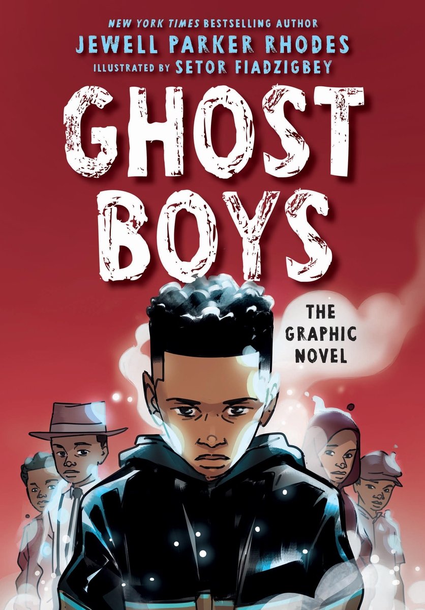 Book cover of Ghost Boys: The Graphic Novel by Jewell Parker Rhodes, Illustrated by Setor Fiadzigbey, featuring a group of spectral brown-skinned boys with short, curly black hair dressed in clothes from various decades, exuding ephemeral smoke.