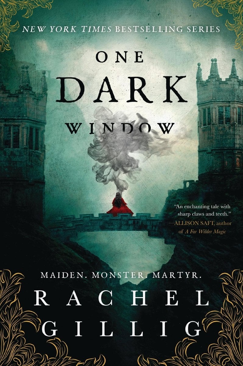 Book cover for One Dark Window by Rachel Gillig, the first in The Shepherd king duology. Two green turrets flank a girl with long brown hair and a red dress standing on a bridge. Smoke floats above the girl, disappearing into the bright green sky. The cover itself has gold borders and the title is in black.