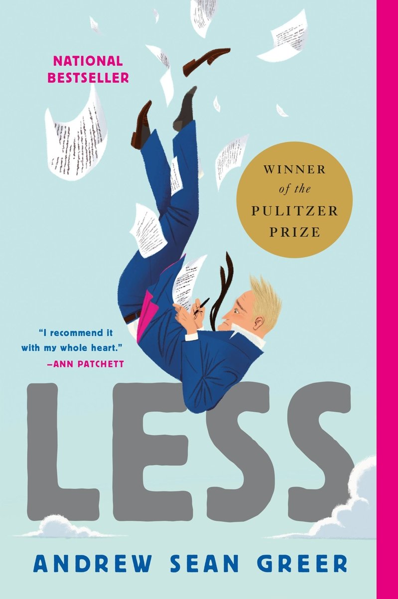 Less by Andrew Sean Greer book cover depicting a light blue sky with a man in a blue suit falling past clouds with papers flying behind him.