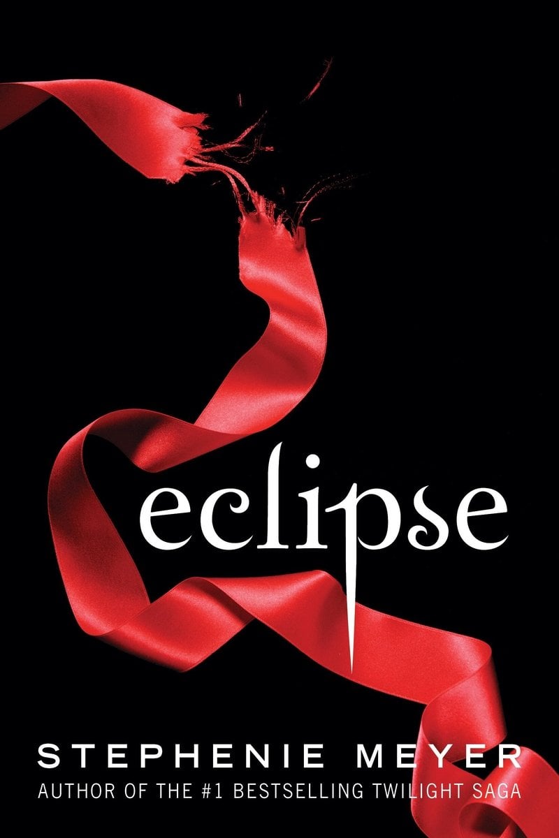 Eclipse book cover. The title is in white text over a black background with the image of a bright red ribbon being ripped apart.