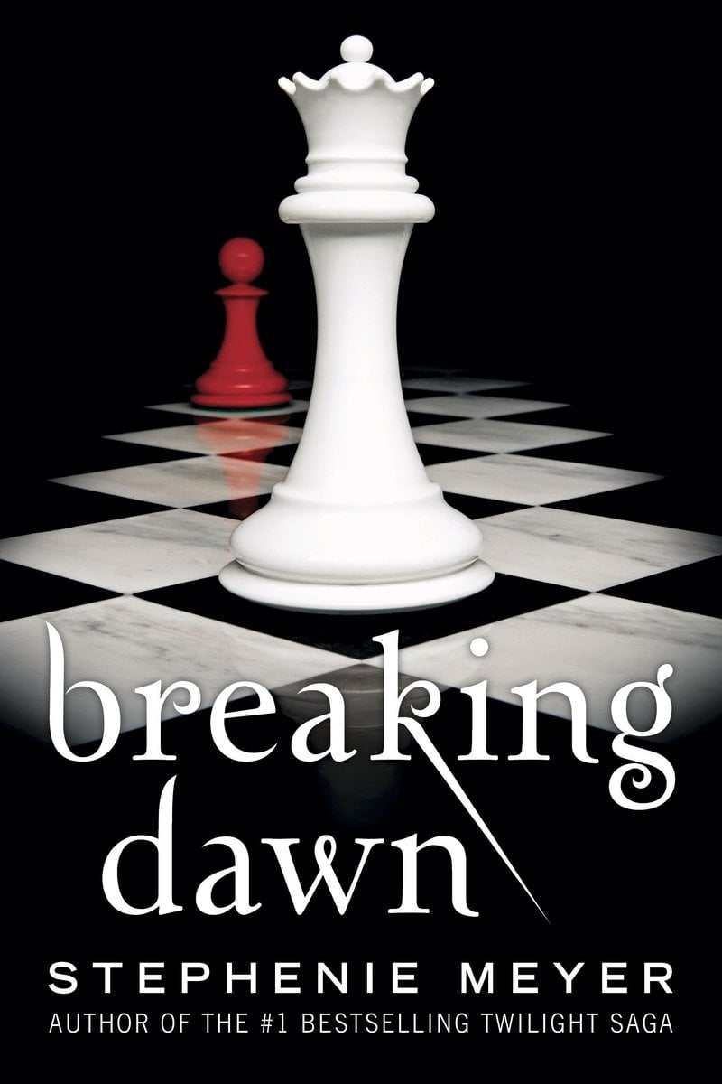 Breaking Dawn book cover. The title is in white text over the image of a chess set with a white queen at the forefront and a red pawn in the background.