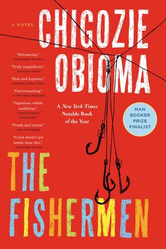 The Fisherman by Chigozie Obioma, book cover depicting four fishing hooks tied together hanging in front of a red background.