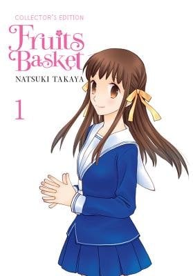 Fruits Basket by Natsuki Takaya book cover with main character Tohru smiling. The white background matches the title's pink color font.