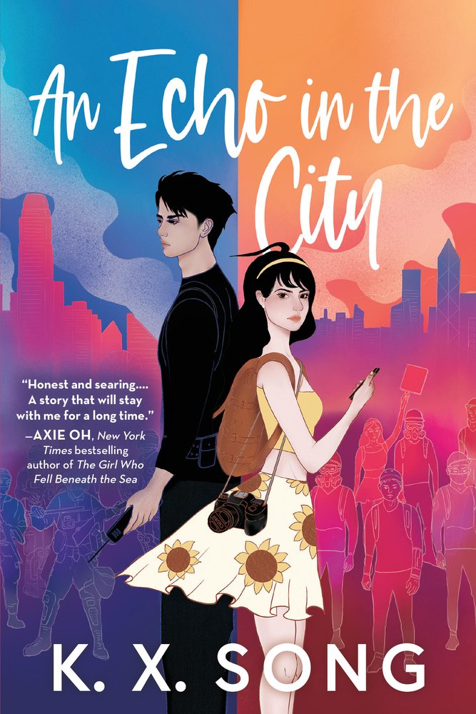 An Echo in the City by K.X. Song, a young adult book cover depicting a man and woman standing back-to-back with a city scape and many people in the background.