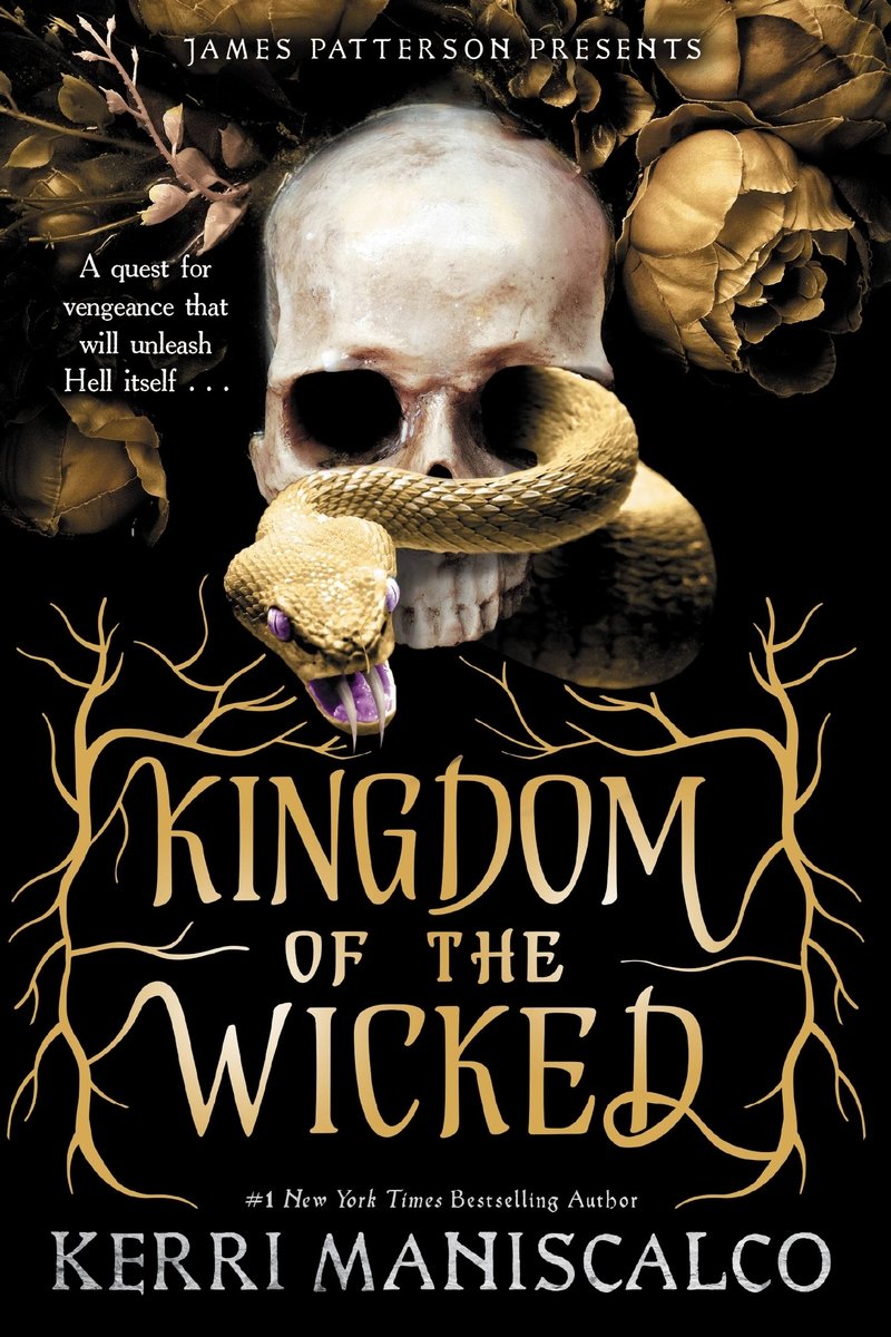 a skull with a snake slithering through one eye. Beige roses sit behind the skull. The title is in dark gold letters surrounded by twigs and beneath the skull and snake. The author's name is in dark white letters beneath the title.