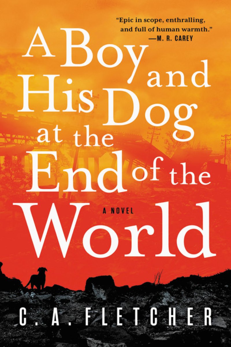 A Boy and His Dog at the End of the World: A Novel by C.A. Fletcher shows a yellow and orange haze in the sky with a faint picture of a train on a bridge collapsing. The bottom shows a dog standing on burnt land.