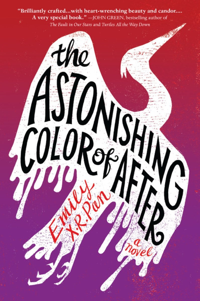 The cover of The Astonishing Color of After, a YA novel, features a white silhouette of a flying crane against an ombre purple and maroon background.
