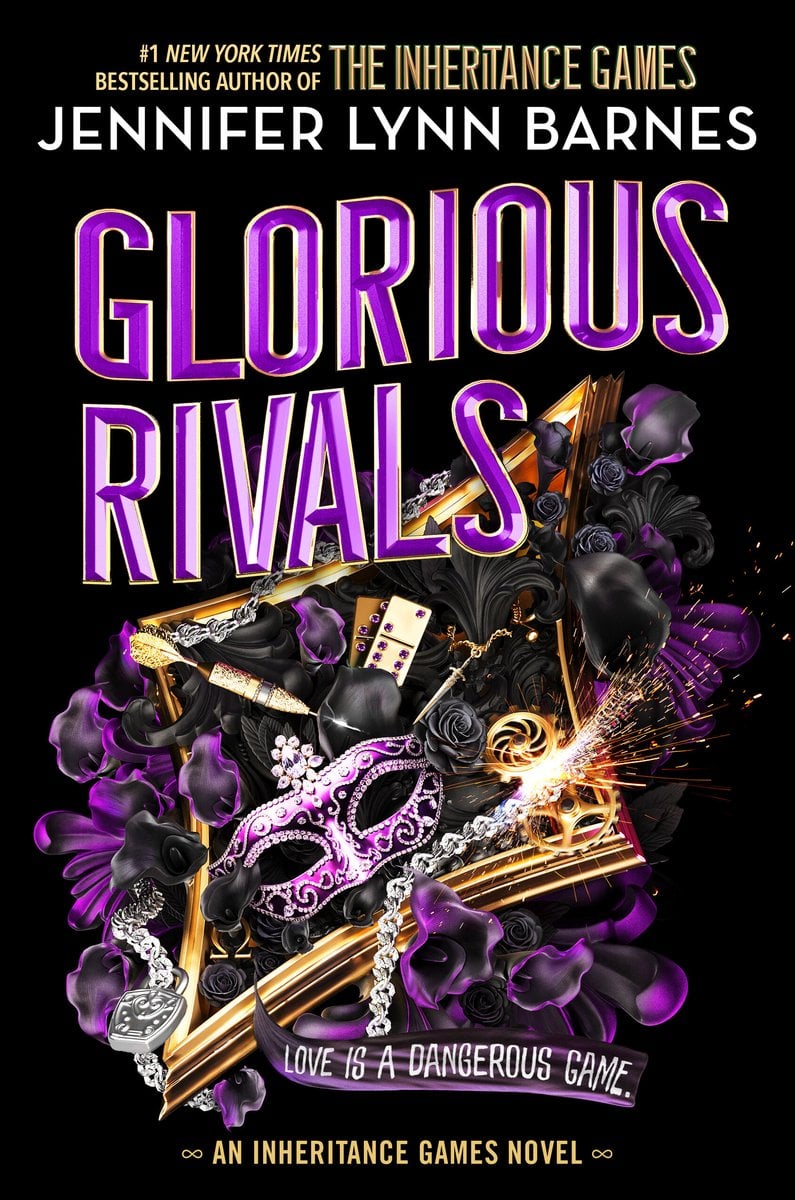 Cover of Glorious Rivals by Jennifer Lynn Barnes. A Diamond-shaped object is covered in gold with purple and black flowers. The diamond-shaped object holds trinkets like a mask, dominoes, and jewelry.