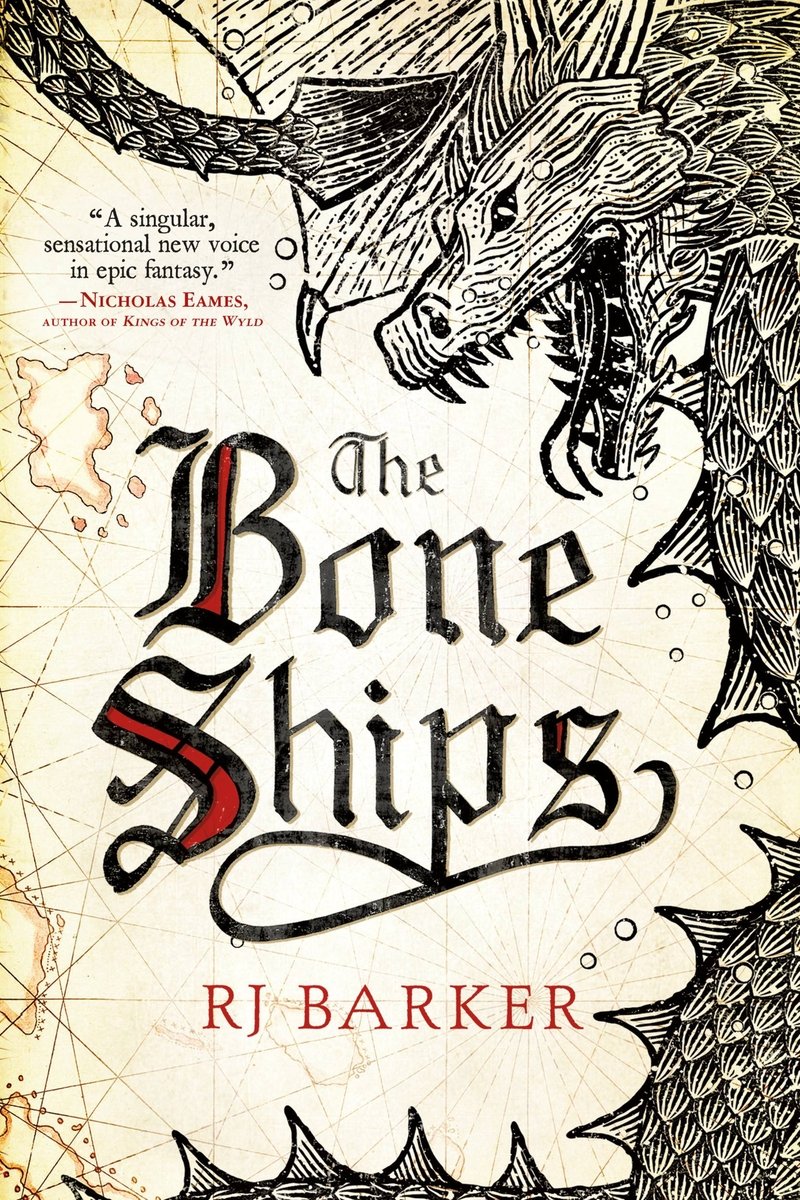 Book Cover of The Bone Ships by R.J Barker. There is another white map background. On the right is a illustrated dragon, seemingly crawling up the side of the book and growling at the title in the center of the cover.