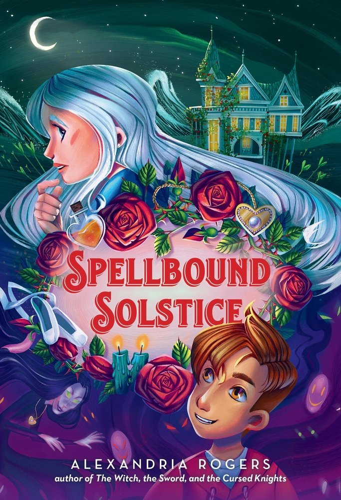 Spellbound Solstice by Alexandria Rogers, a fantasy book cover depicting the side profile of a girl with blue hair at the top half of the cover and a boy with brown hair looking up from the bottom half of the cover. The title is in a round bubble with a rose and potion-decorated border. On the top half, the background has a large green home, and the bottom half has purple spirits with long hair.