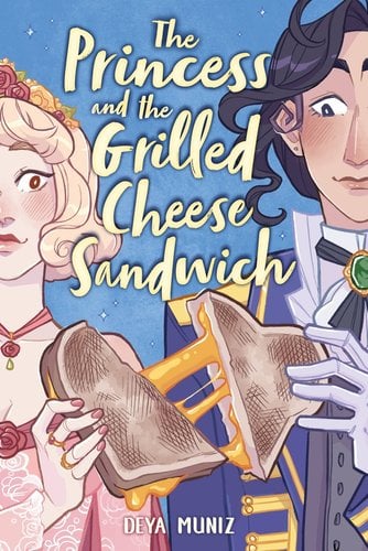 A woman is on the left side with blonde hair and red makeup and clothes. A man is on the right side with black hair and is wearing formal clothes. They are each holding a side of a cheesy sandwich. The title sits in between them in large yellow letters. The author's name is at the bottom in small, white letters.