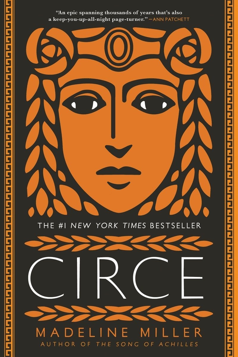 Circe by Madeline Miller a historical fiction book cover depicting a gold profile greek drawing of a womans face on a black background.