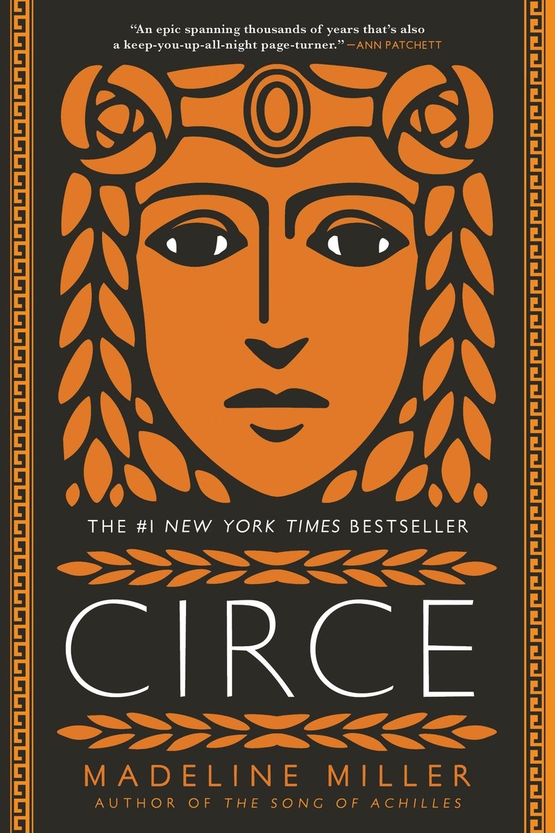 Circe book cover of a burnt orange face with a crown and leaf-like hair against a black background.