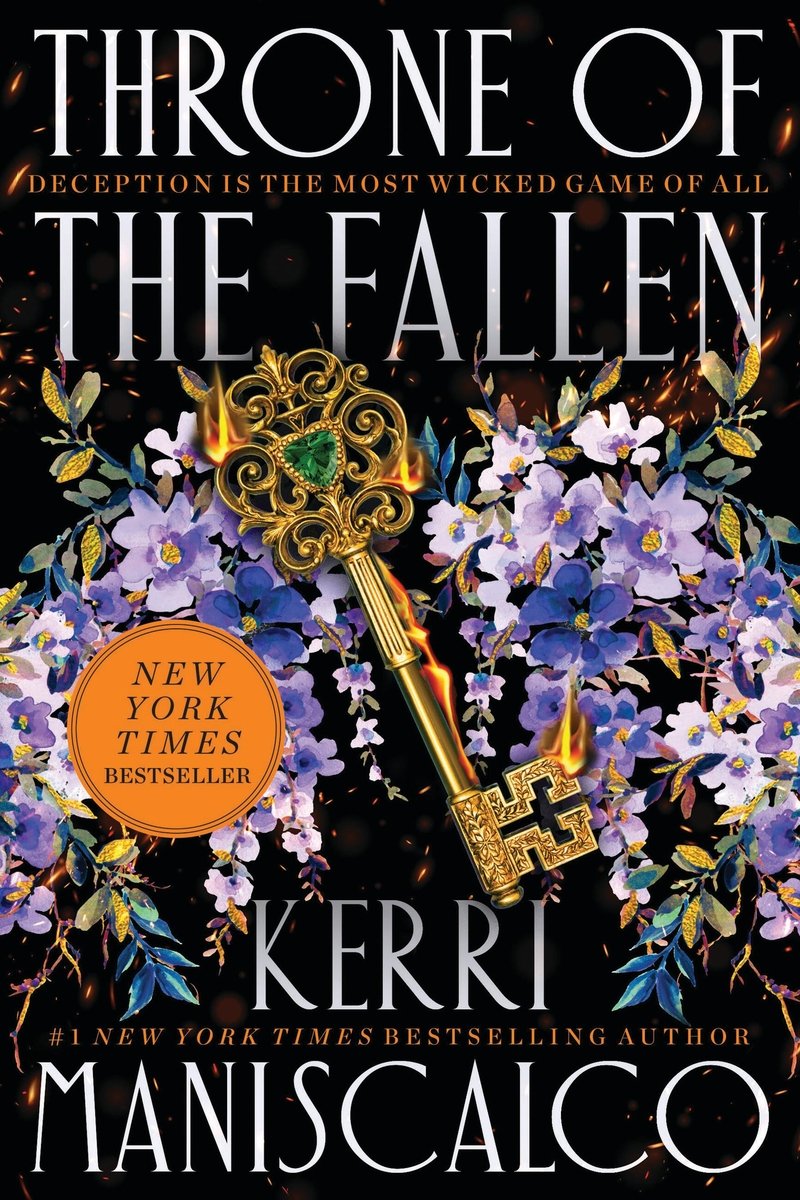 Cover of Throne of the Fallen by Kerri Maniscalco. It is black background with purple flowers on it. There is a golden key in the middle of the flowers.