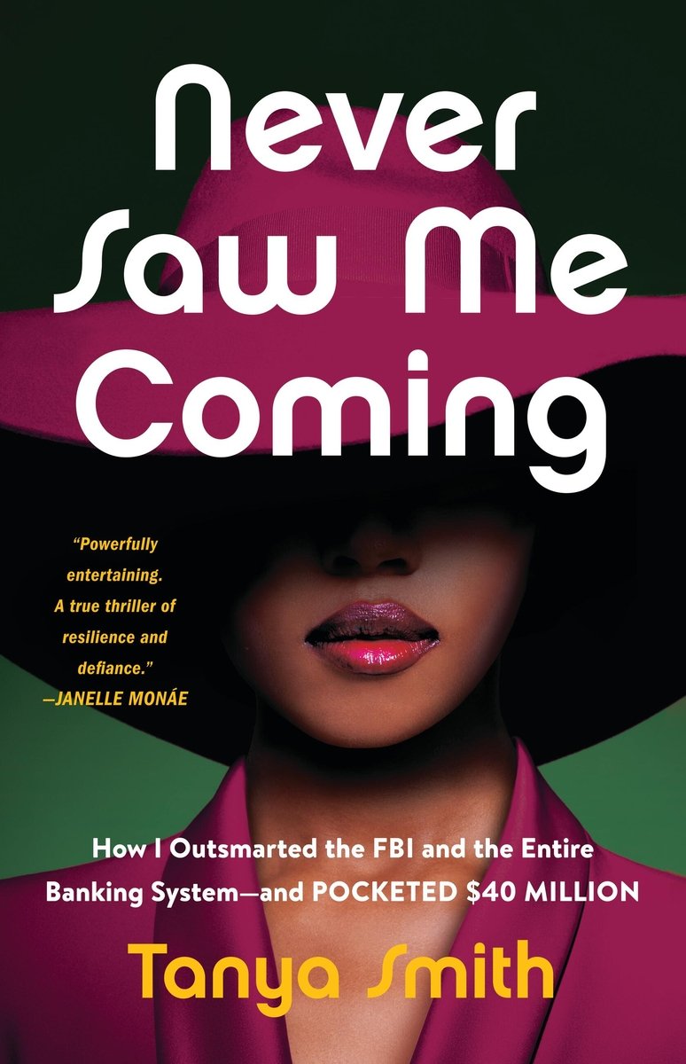 The cover of Never Saw me Coming, a true crime memoir, depicts a Black woman with pink/purple lipstick and her eyes obscured by the rim of a large magenta hat.
