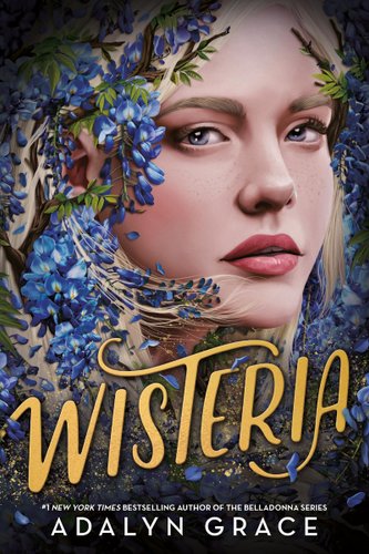 A woman is staring at the viewer, with blue wisteria surrounding her blonde hair. Gold glitter covers the lower half of the image.