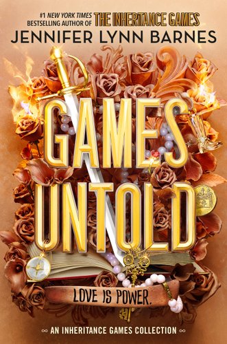 Rose gold background, and in the center is a collage of an open book, a sword, pink pearls, gold coins, a compass, and pink rose. The roses near the top are on fire.