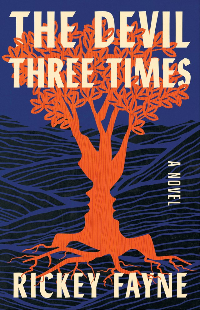 The Devil Three Times by Rickey Fayne, book cover. Dark blue background with an orange tree in the center, two people facing the side are embedding within the cover.