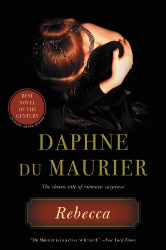 Rebecca by Daphne Du Maurier, book cover. The black background matches a young girl's dress as she sits on the ground with her arms crossed and her head hanging low. She has a ballerina bun with black decals over her auburn hair.