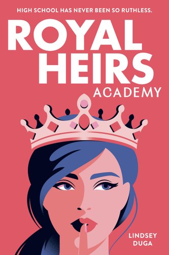 A woman with blue hair is holding a finger over her lips. She wears a yellow crown. Behind her is a red background.