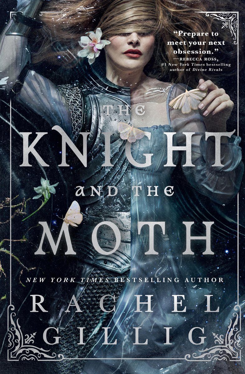 Book cover for The Knight and the Moth by Rachel Gillig. Set on a black background with silver edges, a young white girl with blonde hair covering her eyes is laying on the cover wearing a split garment: one half is a soldier's armor, the other half is a gauzy, blue dress. Moths and white flowers lay around the girl.