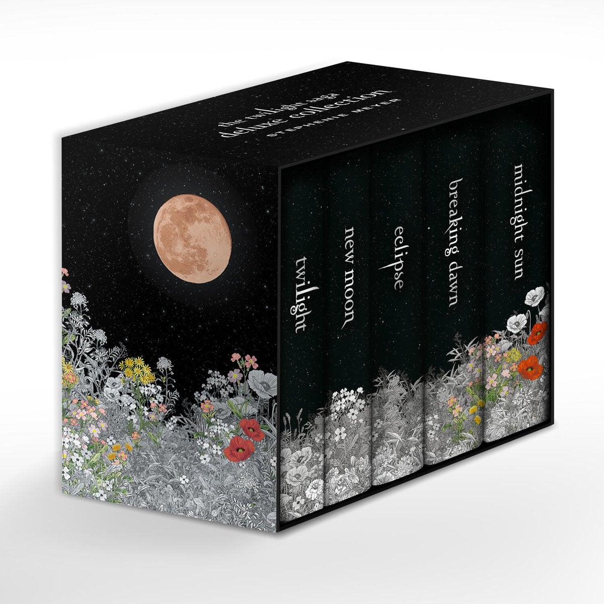 The Twilight Saga by Stephanie Meyer's book cover depicts the collection of books in the series with colorful and black and white flowers and a full moon in the distance.