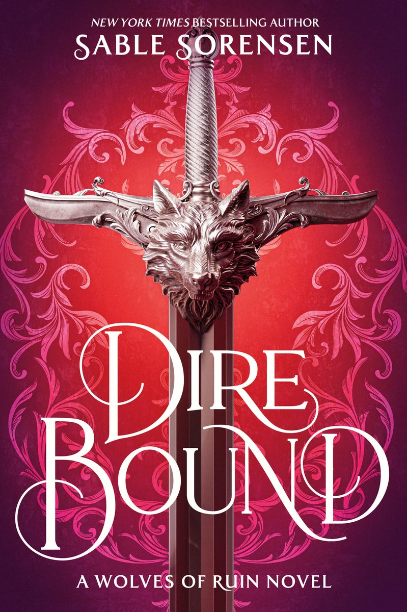Direbound by Sable Sorensen book cover featuring a large sword with a direwolf crest in the middle on the handle with a pink design and background.