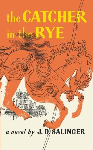 The Catcher in the Rye by J.D. Salinger book cover. Orange and cream color scheme with a horse galloping.
